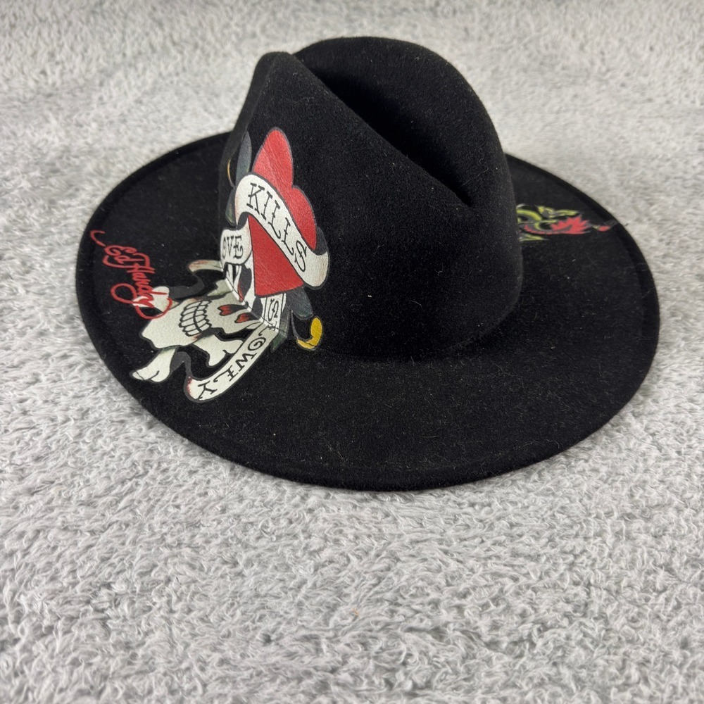 Ed Hardy Black Felt Fedora Hat Love Kills Slowly Skull Dragon Tattoo Art